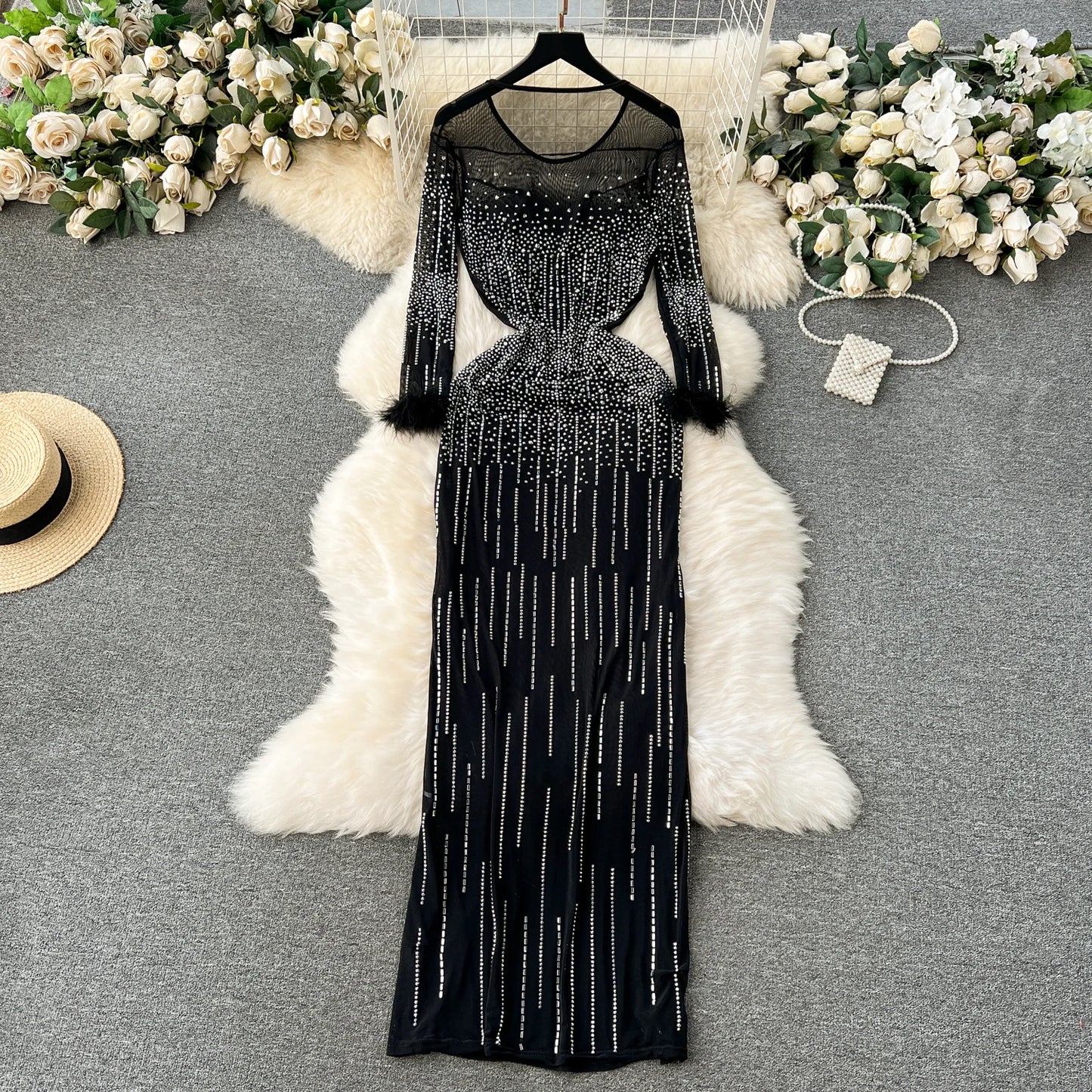 SINGREINY 2024 New Fashion Bodycon Long Dress Europen O Neck Long Sleeve Feather Female Senior Mesh Transparent Diamonds Dress
