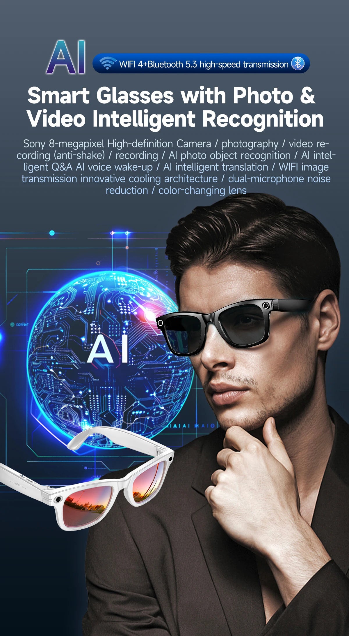 2025 Smart Glasses 32GB Memory with Camera Sunglasses Mini Camera Video Translation Bluetooth Call Anti-blue Glasses Man Women