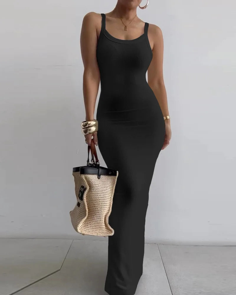 Dresses For Women 2024 Sexy Spaghetti Strap Color Printed Long Dress Evening Y2k Sleeveless Solid Skinny Bodycon Maxi Vestidos
