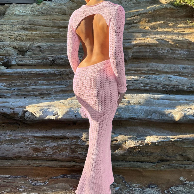 Hawthaw Women 2023 Autumn Winter Long Sleeve Streetwear Knitted Vacation Bodycon Pink Long Dress Wholesale Items For Business