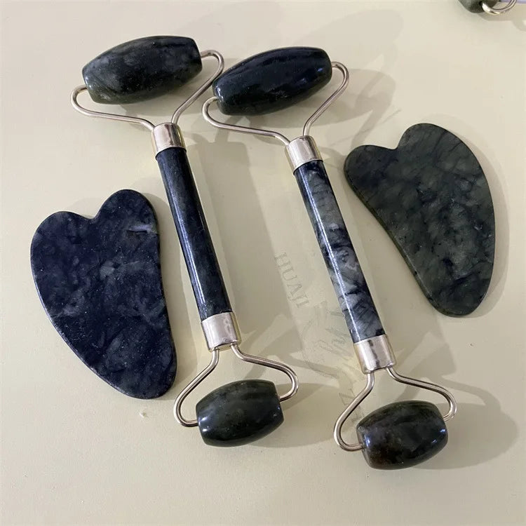 Natural Jade Double Head Roller Health Beauty Treatment Device Scraping Board Set Xiuyan Face Massager To Lift Remove Wrinkles