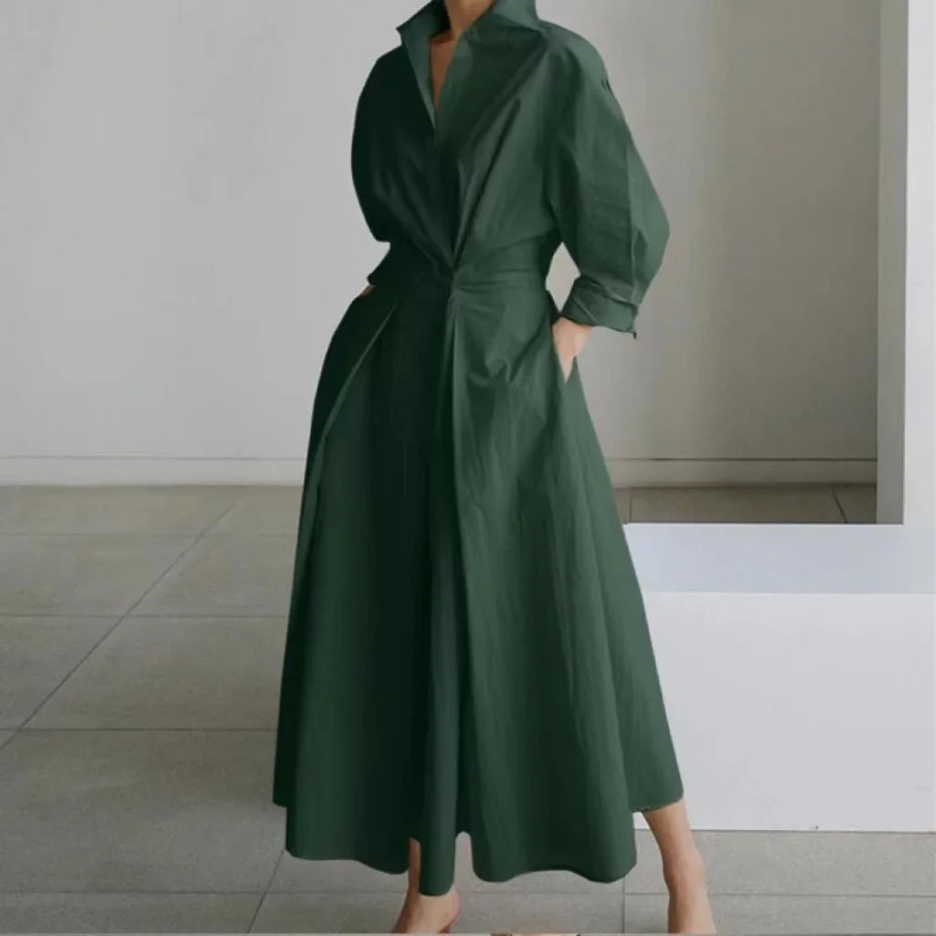 Spring Dress Long Sleeve Solid Color Cotton Linen Elegant Maxi Dresses For Women 2024 Casual V Neck Shirt Party Long Dress Robe