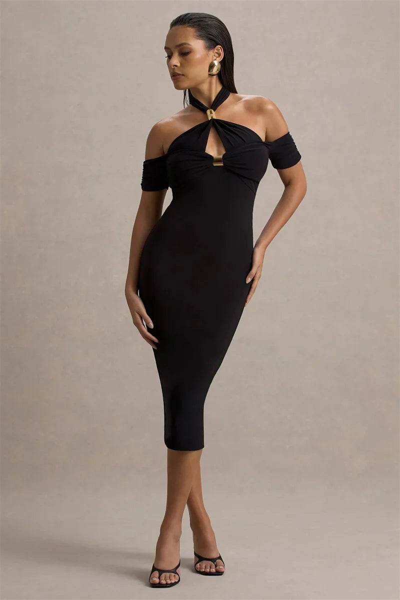Mozision Hollow Out Halter Backless Sexy Midi Dress Women Fashion Off-shoulder Sleeveless Skinny Club Party Long Dress Elegant