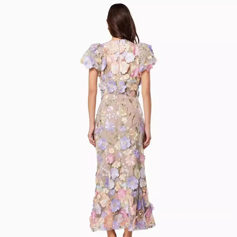 Women Long Dress Commuter Round Neck Embroidered Three-dimensional Floral Puff Sleeves Elegant High Waist Wrap The Buttocks