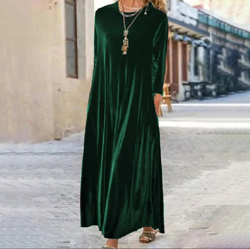 Spring and Summer New Gold Velvet European and American Slim Style Round Neck Long Dress