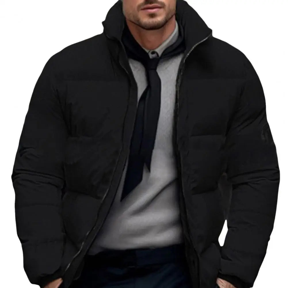 Men Quilted Jacket Solid Color Stand Collar Long Sleeve Zipper Closure Cotton Coat Thickened Jacket Down Cotton Puffer Outwear