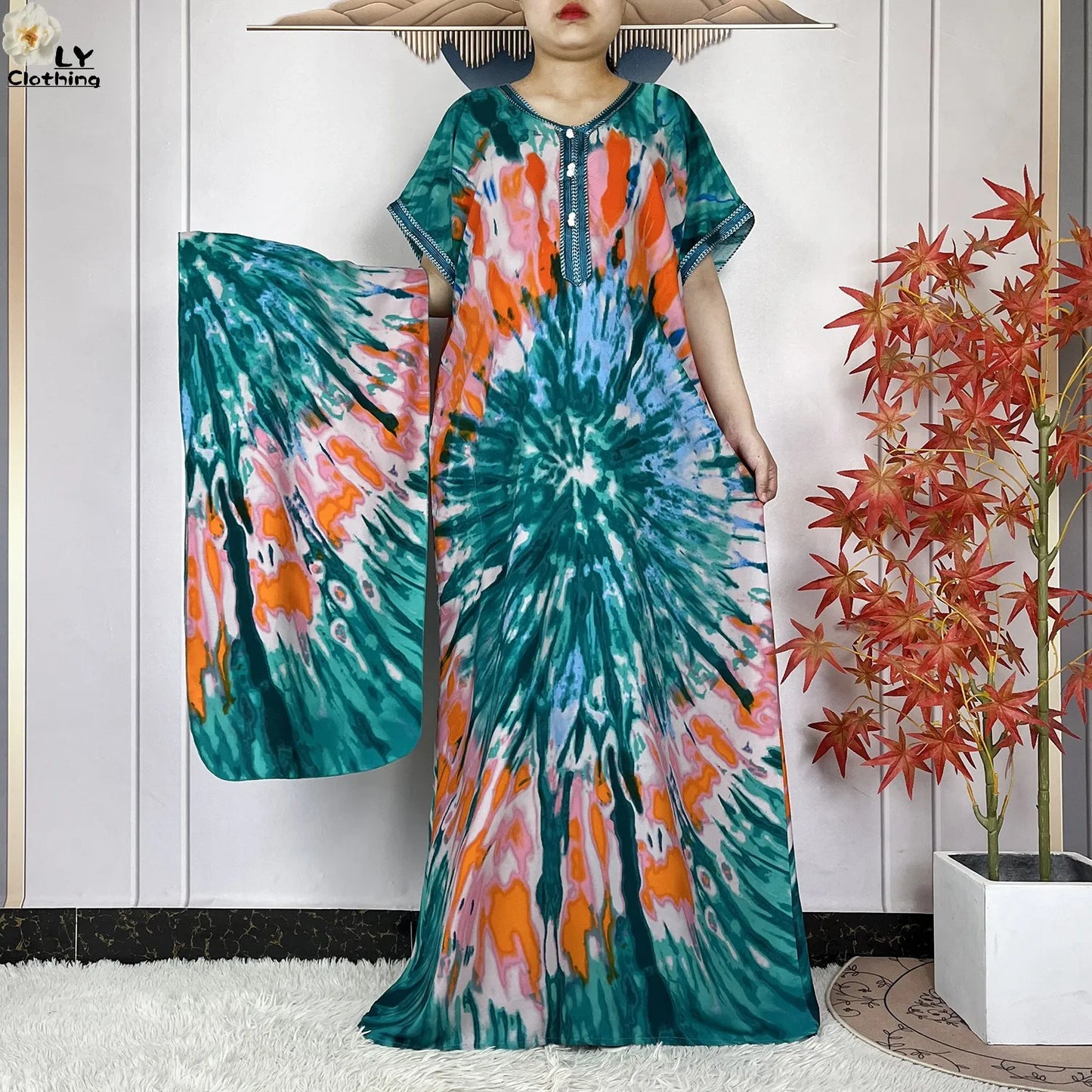2024 New Style Short Sleeve African Dashiki Tie-dyed Cotton Abaya Caftan Lady Summer Maxi Islam Casual Dresses With Big Scarf