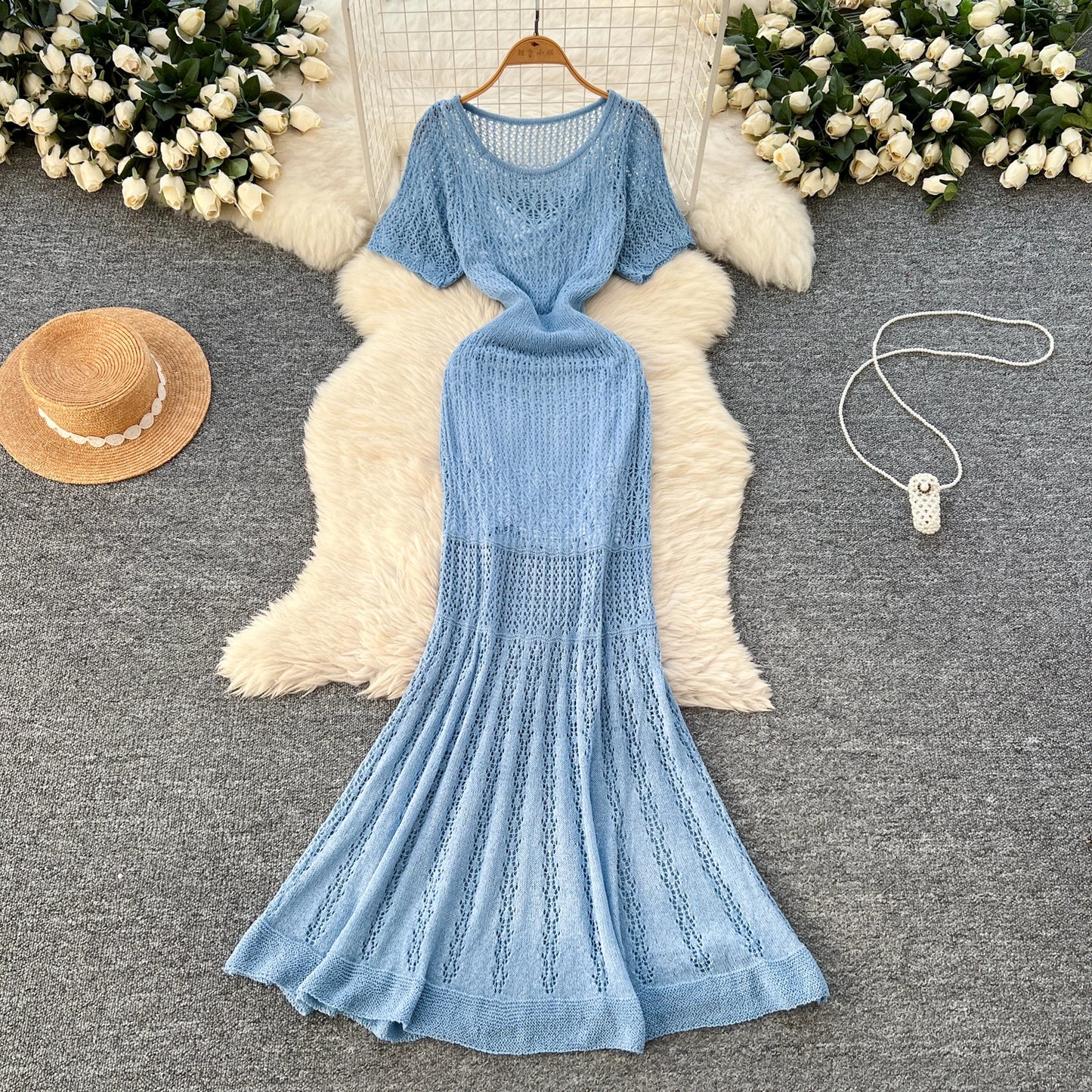 SINGREINY Vacation Style Casual Dress Suits Solid Strap Short Sundress+Knitting Hollow Out Long Dress Korean Women Beach Sets