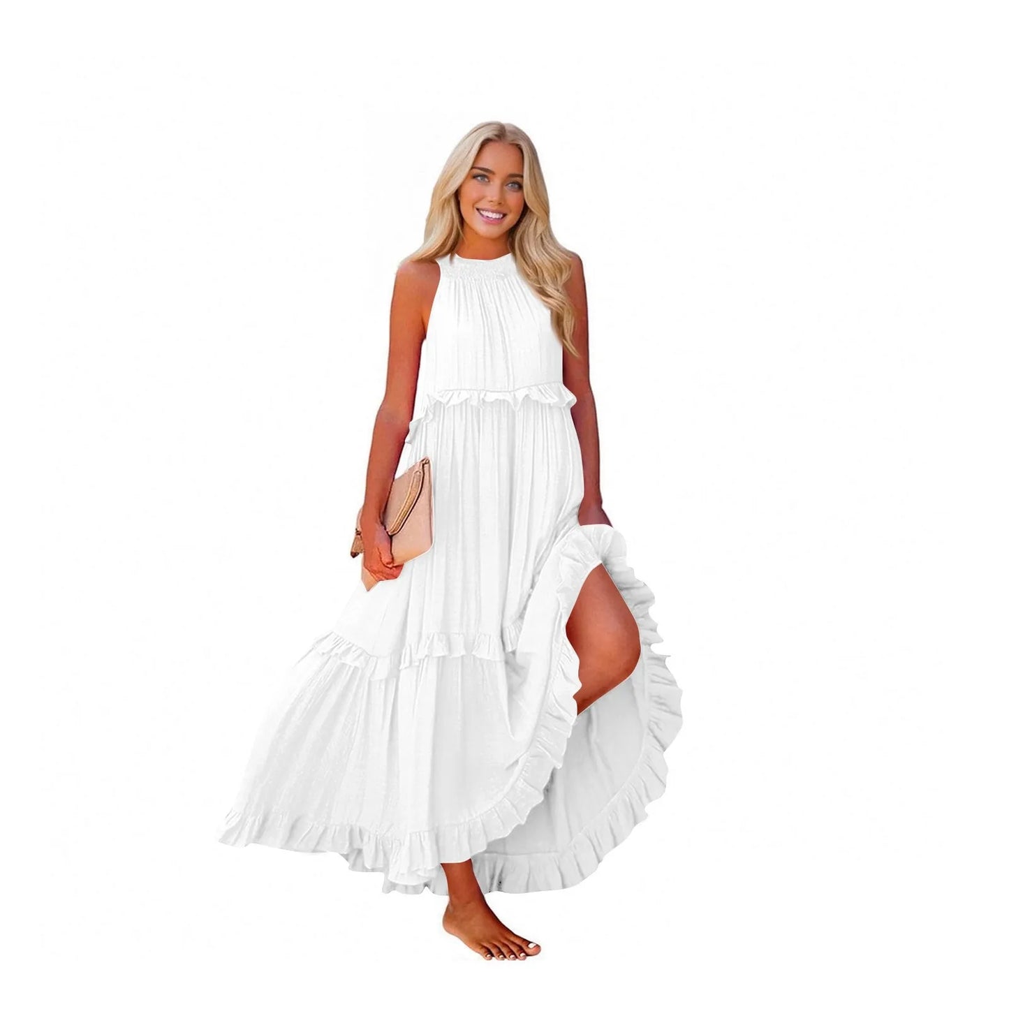 Women's Ruffled hem layered long dresses Summer Sleeveless backless dress Fashion Long Dress Big Swing Beach Dress vestidos