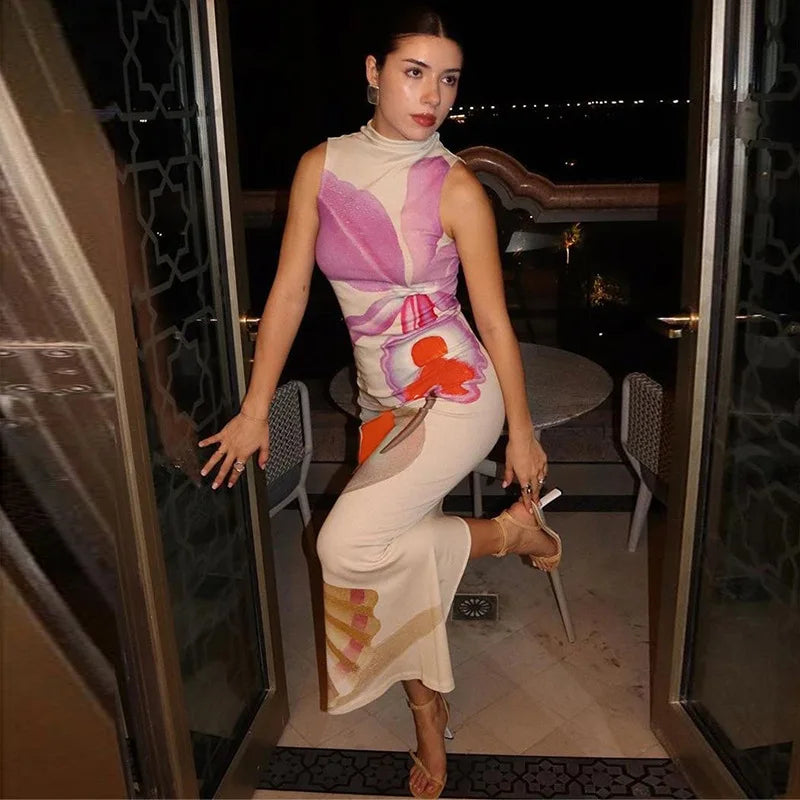 2024 Spring Summer Women long Dress Turtleneck Print Slit Round Neck Sleeveless Slim Fit Maxi Dress Robes Female Party Vestidos