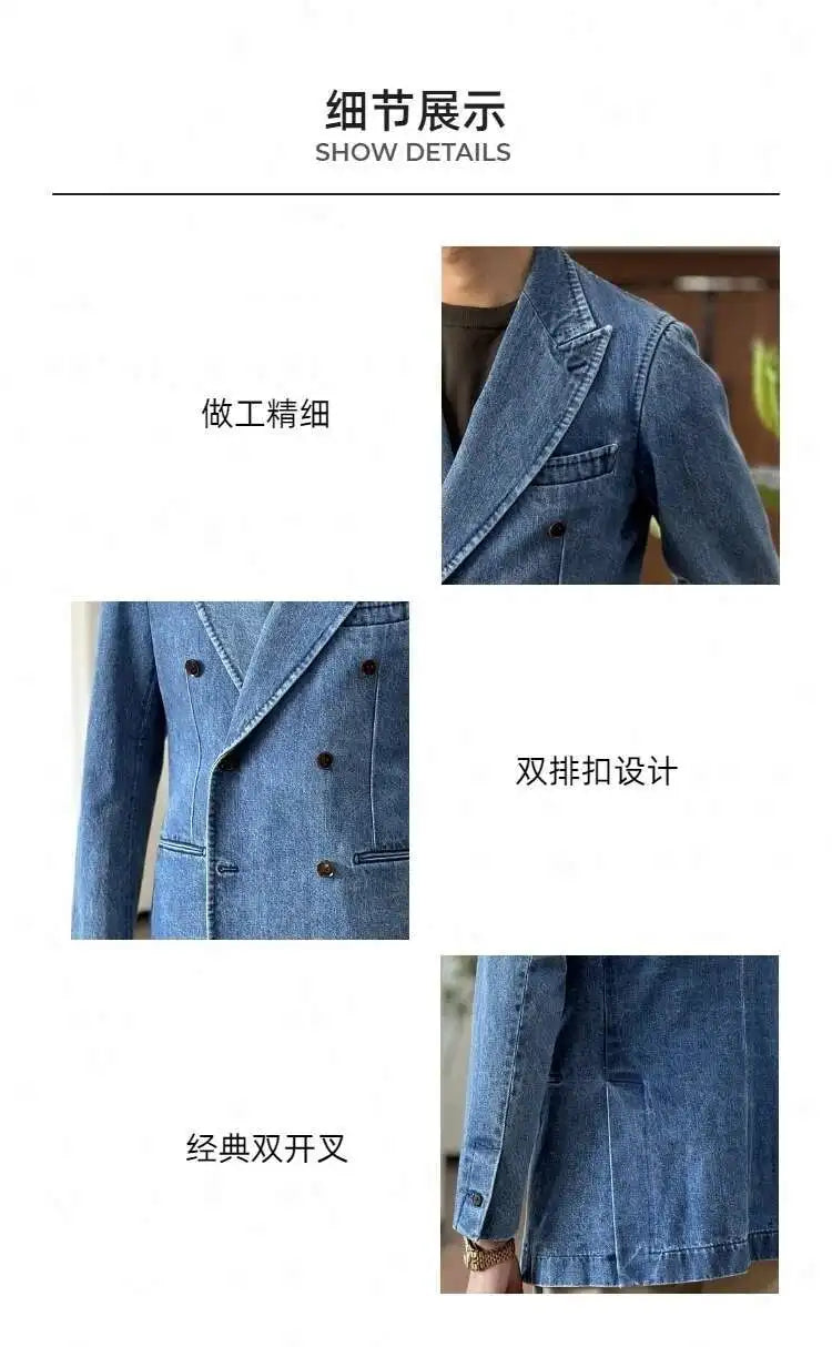 Autumn Denim Jacket Men Blazer Masculino Italian Style Double Breasted Blazer Men Lapel Collar Casual Business Blazer Hombre
