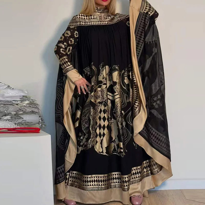 Women Fashion Turtleneck Pleated Robe Dress 2025 Elegant Pattern Print Loose Long Dress Casual Batwing Sleeve Muslim Party Dress