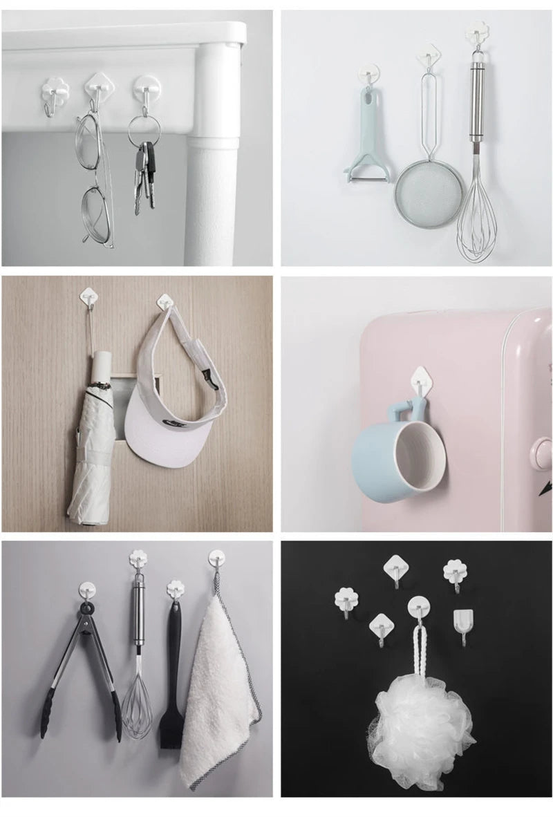 10Pcs/Set Wall Hook Key Holder Shelf White Small Plastic Hanging Strong Self-Adhesive 4-Shaped Home Bathroom Kitchen Accessories
