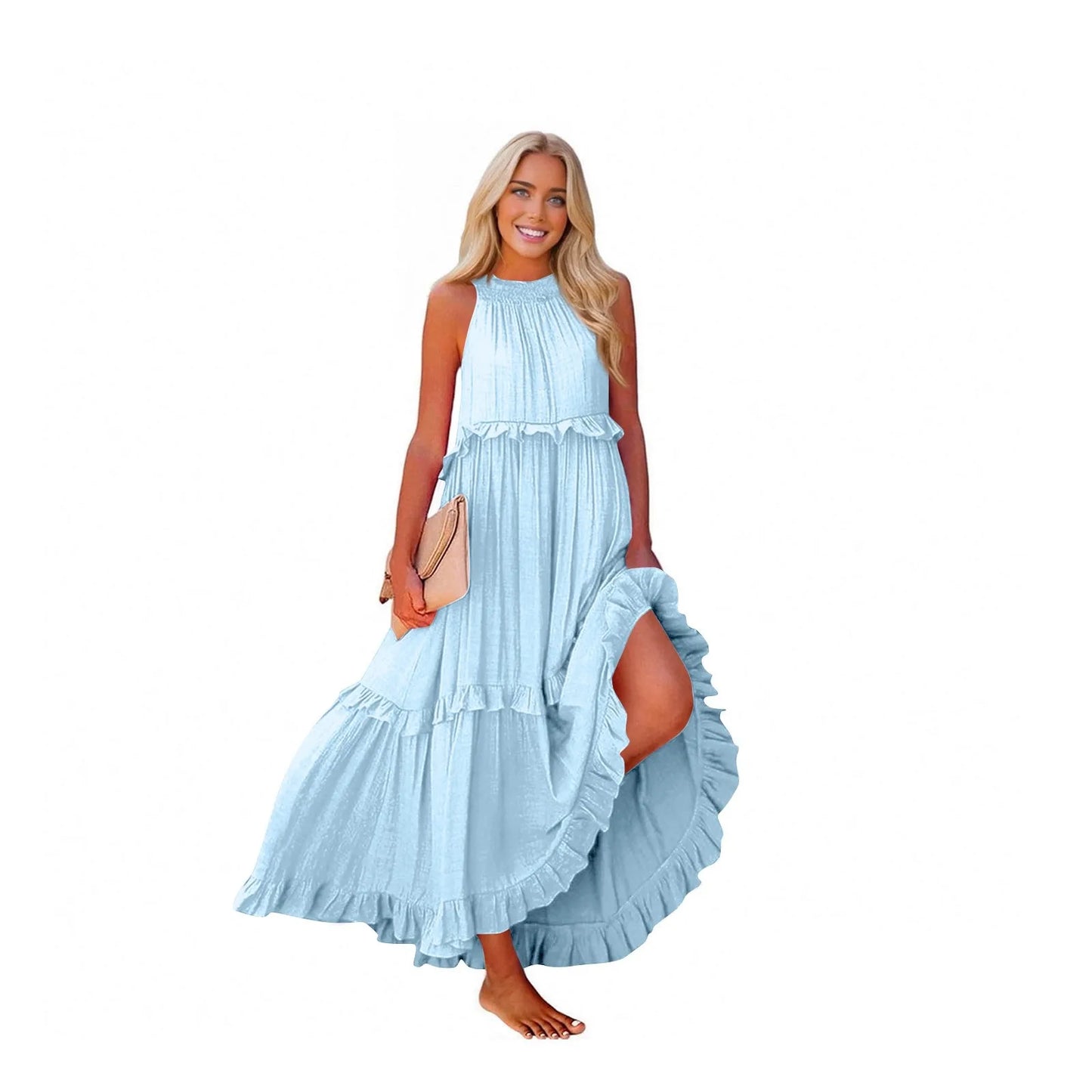 Women's Ruffled hem layered long dresses Summer Sleeveless backless dress Fashion Long Dress Big Swing Beach Dress vestidos