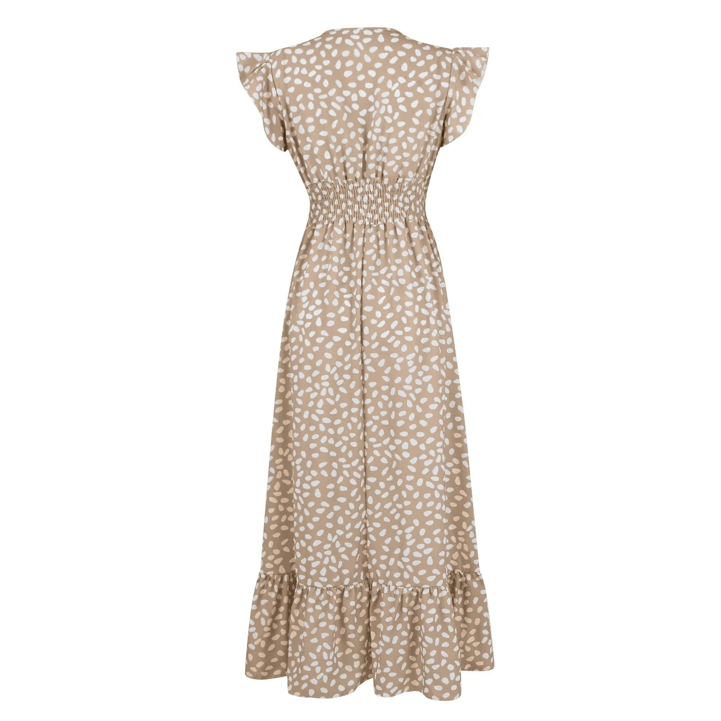 Polka Dot Dress For Women Sexy V-Neck Long Dress Casual And Fashionable Ruffle Edge Short Sleeved High Waisted Dress