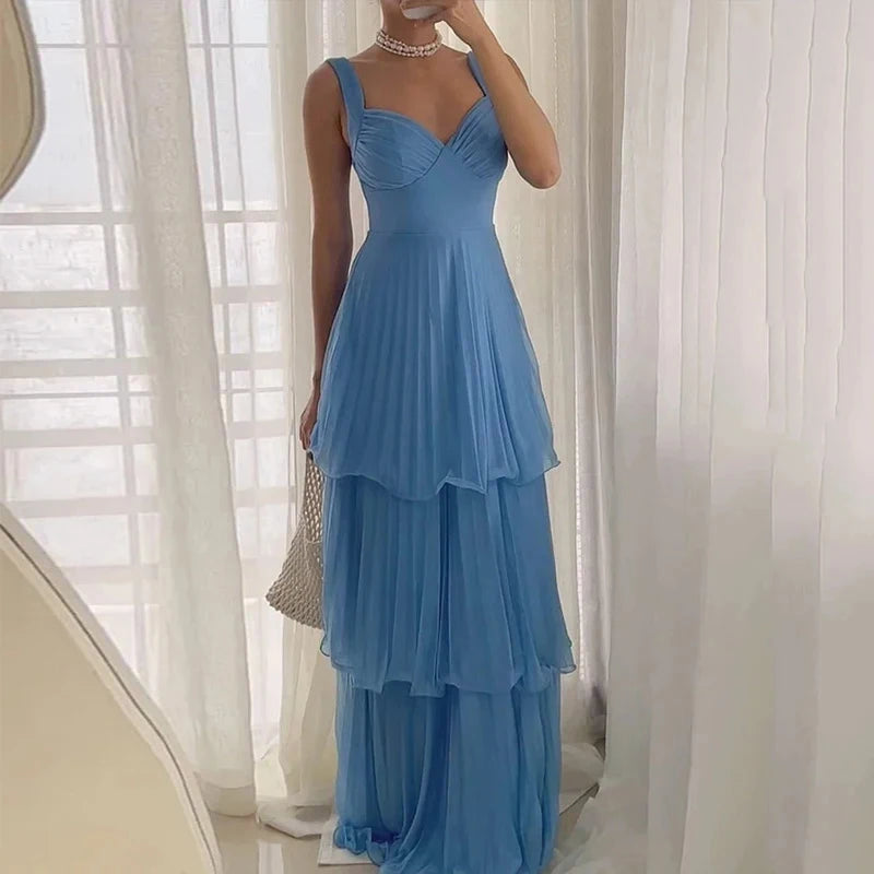 2025 Summer Hollow Sleeveless Pleated Long Dress Sexy Backless High Waist Suspenders Dresses New Blue Ladies V Neck Party Dress