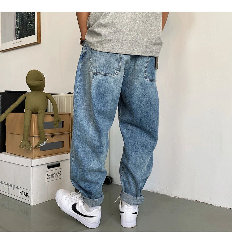 Spring Autumn Japanese Streetwear Retro Casual Denim Cargo Pants Men Clothing Loose Straight Harem Trousers Harajuku Jeans