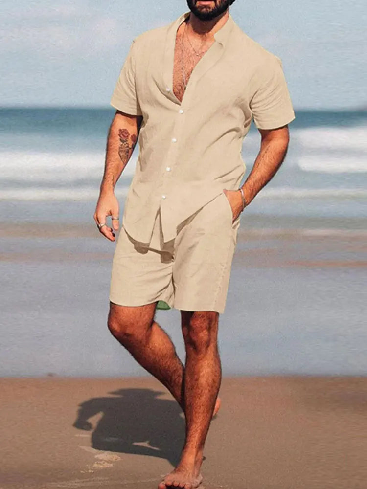 New Men's Hawaiian Set Summer Solid Color Stand Collar Short Sleeve Shirt&Beach Shorts Streetwear High Quality 2-Piece Set 2023