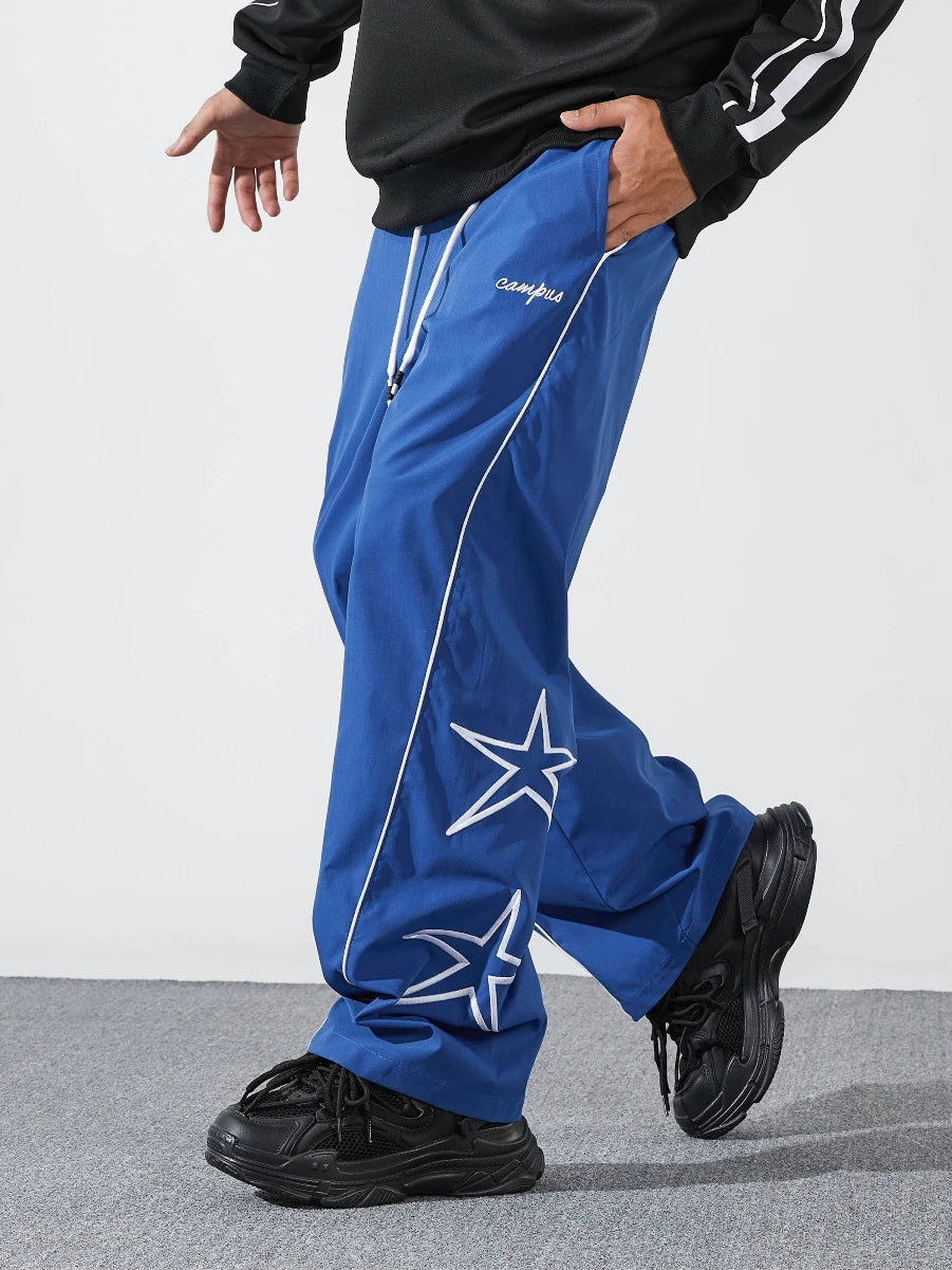 Larbulse Men Contrast Trim Trouser Fashion Casual Pants Solid Color Breathable Loose Straight Drawstring Pants Streetwear