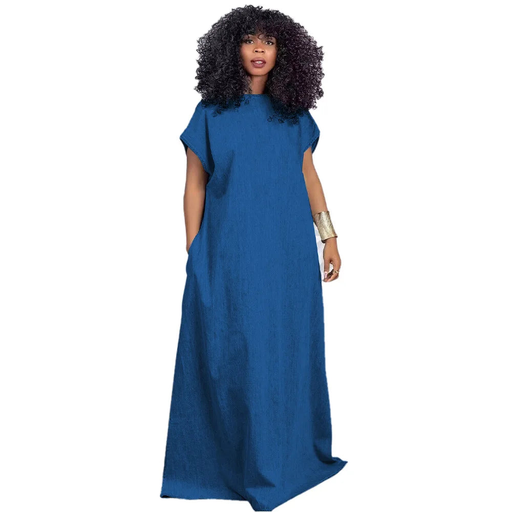 CM.YAYA Vintage Women Fashion Batwing Short Sleeve Denim V-back Loose Slim Maxi Long Dress 2023 High Street Vestido Jean Dresses