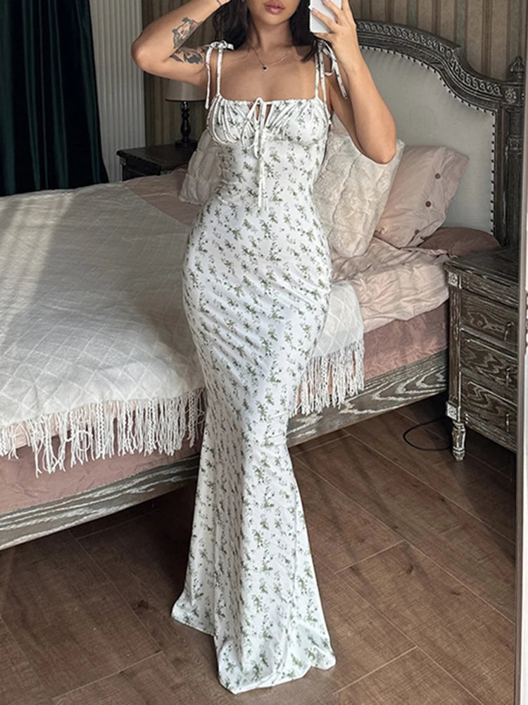 Summer Sexy Sleeveless Lace Up Bodycon Long Dress Summer Floral Maxi Dresses For Women Elegant Beach Vacation Dress Vestidos