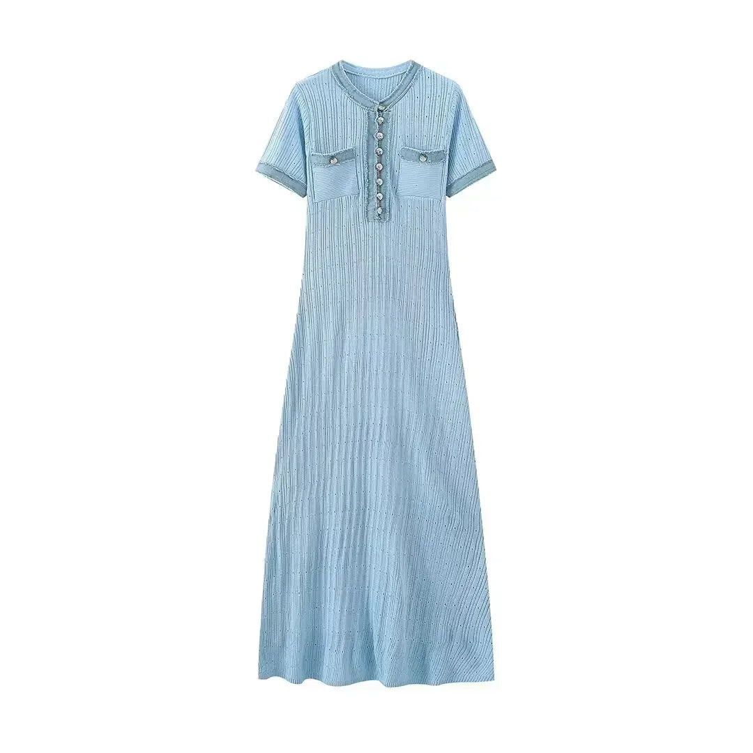 European and American style denim stitching knitted short-sleeved dress women's new high-end design long dress