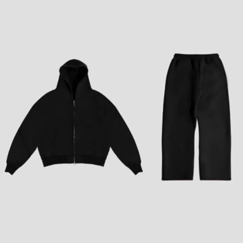 Korean Fashion Solid Color Sweatshirt Fleece Two-Piece Men's Y2K New Harajuku Casual Joker Straight Pants Couple Street Wear