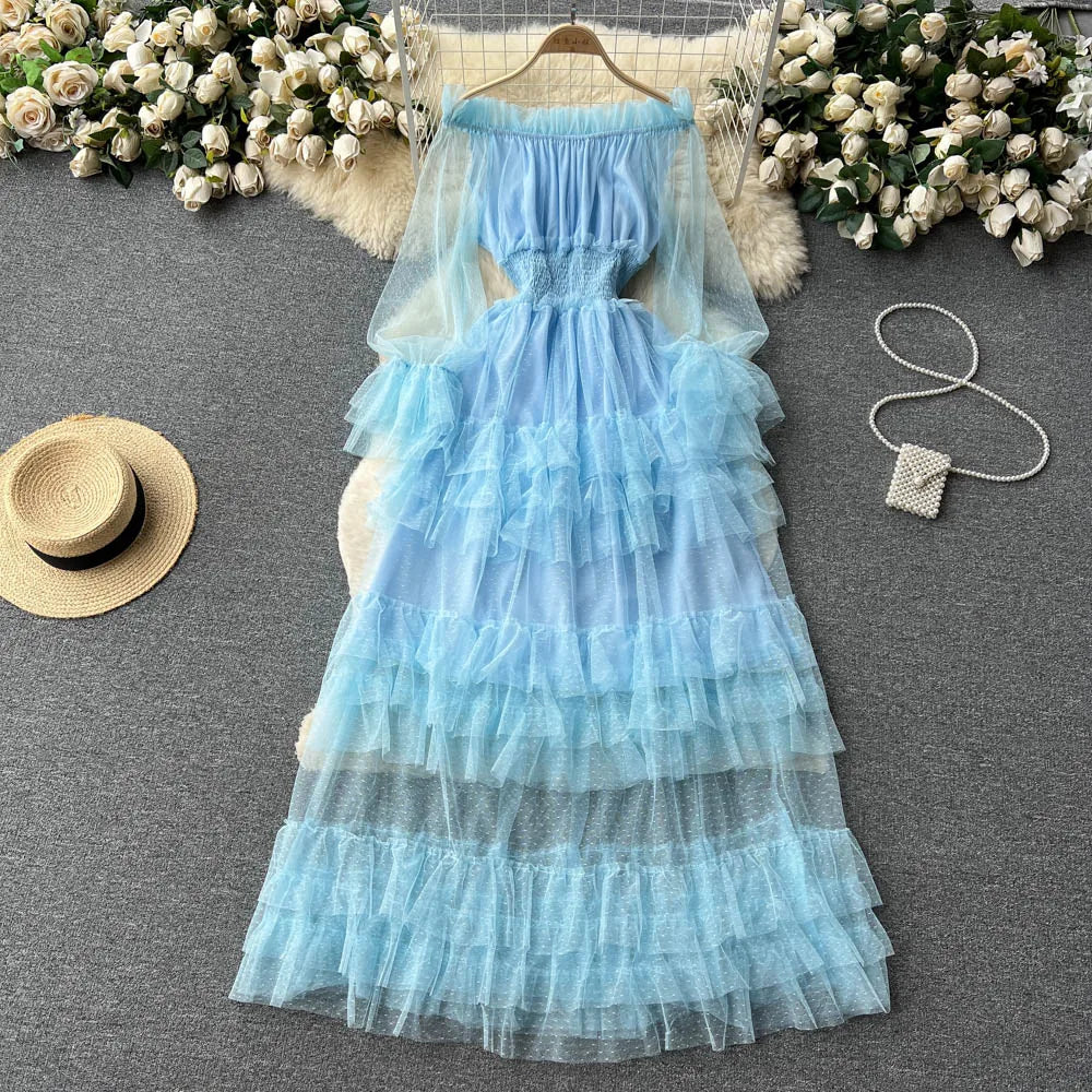 SINGREINY Mesh Party Long Dress Women Ruffle Long Sleeve Slash Neck Elastic Waist French Ladies Summer Elegant A Line Dresses
