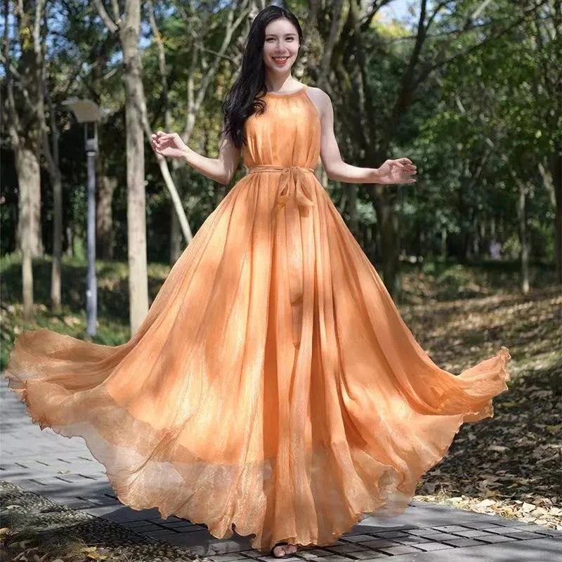 Travel Photo Desert Long Dress Women New Summer Chic Large Swing Chiffon Dress Slim Plus Size 4XL Seaside Holiday Beach Dresses