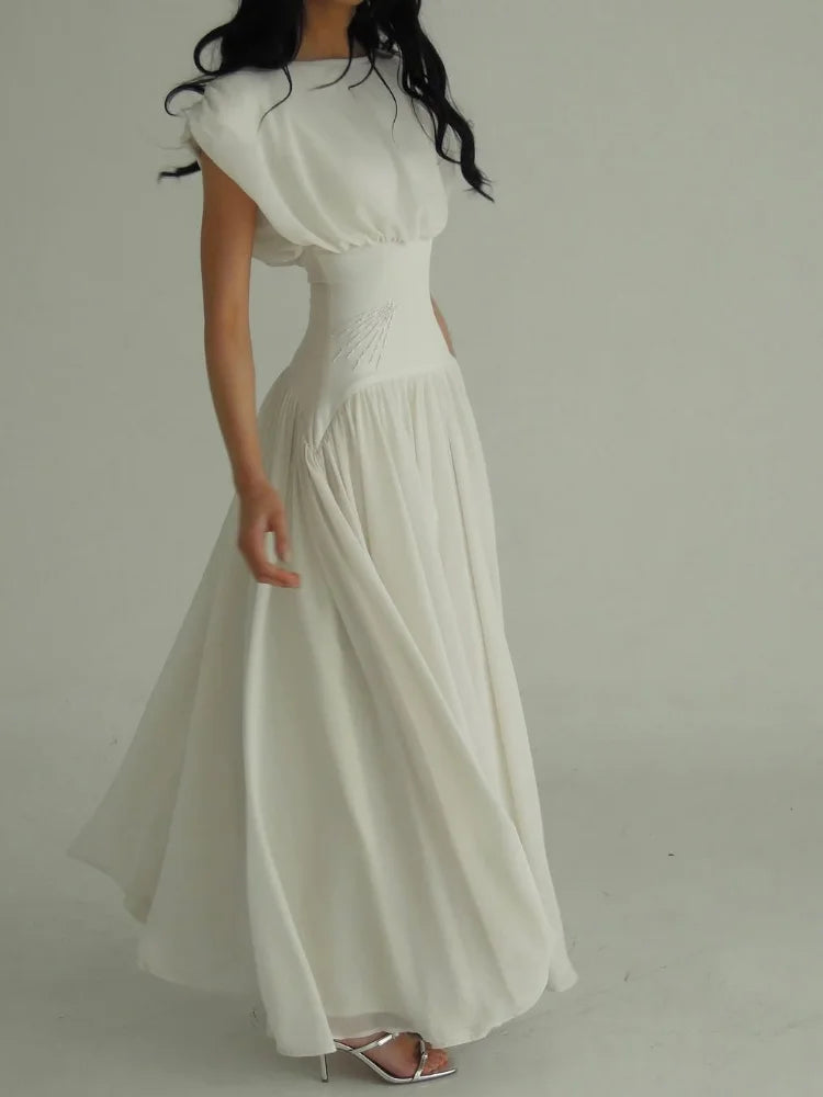 Elegant Sleeveless Girdling Long Dress Women O-neck High Waist Solid A-line Long Big Swing Dresses 2025 Summer Holiday Lady Robe