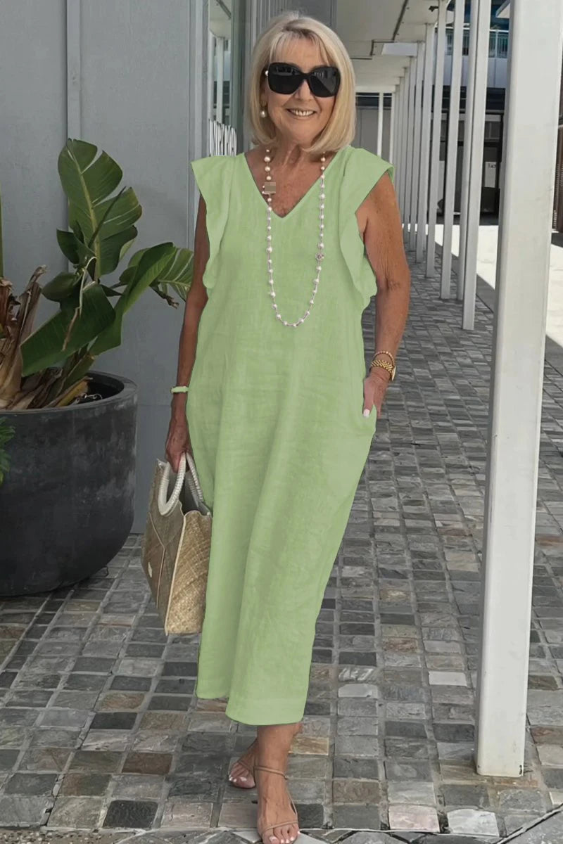 Summer Cotton And Linen Dress For Women Fashion Flying Sleeves Strappy Back Solid Color Loose Long Dress Elegant Robe Femme