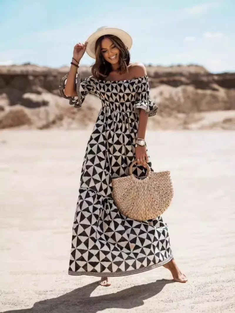 Women's One Line Neck Off Shoulder Elegant Printed Waist and Ankle Long Dress Women's Fashion Dress
