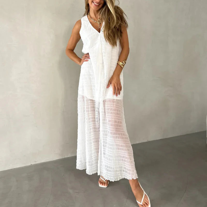 Casual V Neck Button Lace Party Dresses Woman Spring Solid Split Pleated Long Dress Summer Sleeveless Hollow Holiday Beach Dress
