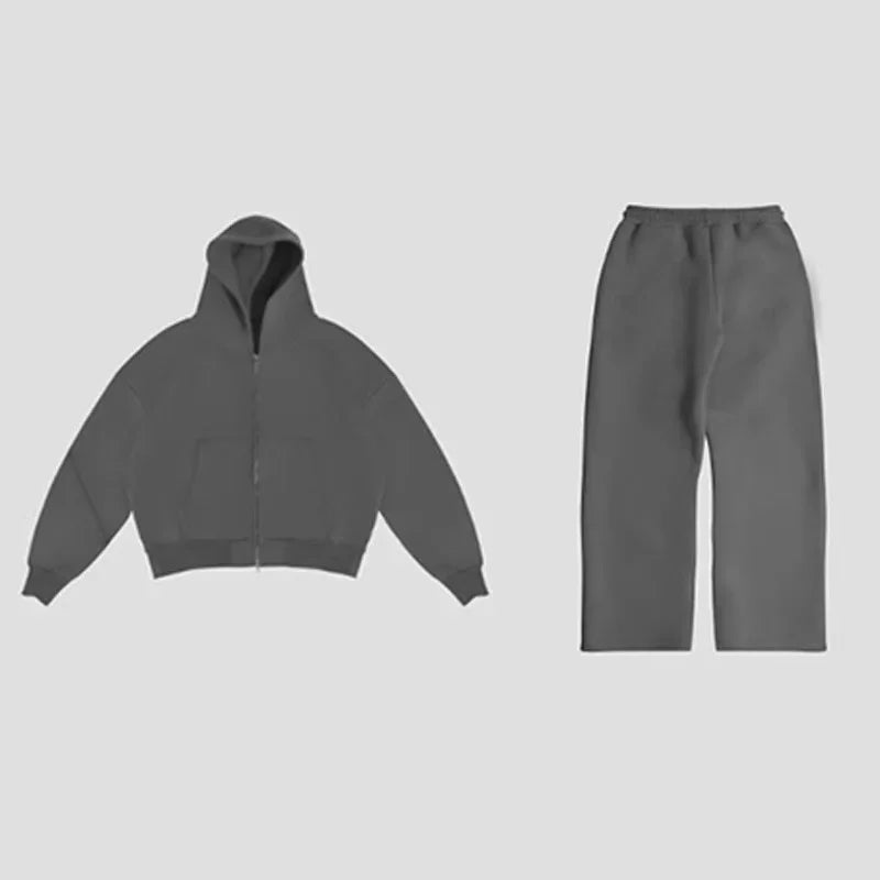 Korean Fashion Solid Color Sweatshirt Fleece Two-Piece Men's Y2K New Harajuku Casual Joker Straight Pants Couple Street Wear