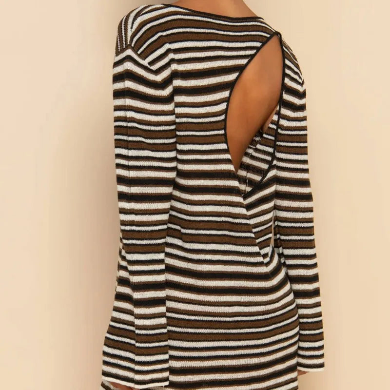 Talenza Knit Striped Mini Dress Women's Fashion Backless Cutout Long Sleeve Knit Dress Beach Vacation Boho Loose Casual Dresses