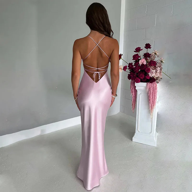 Women's Spaghetti Straps Satin Backless Sexy Dress Summer Beauty Elegant Party Evening Dress Tight Long Dress