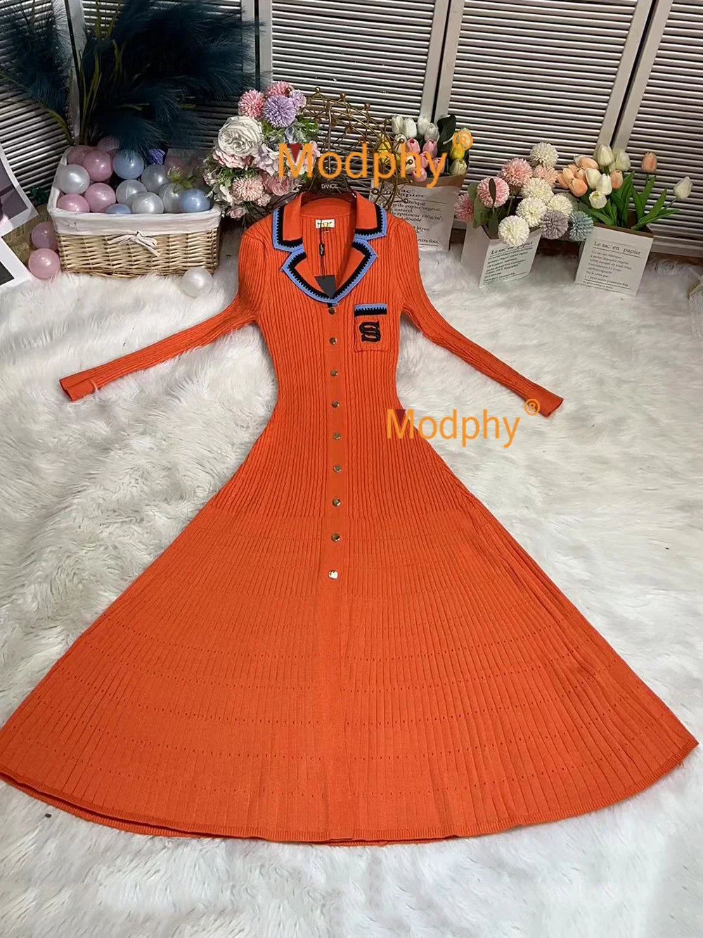 Modphy 2025 Elegant Slim Knitted Long Dress Women's Letter Single Breasted Long Sleeved Designer Vintage Dresses Autumn