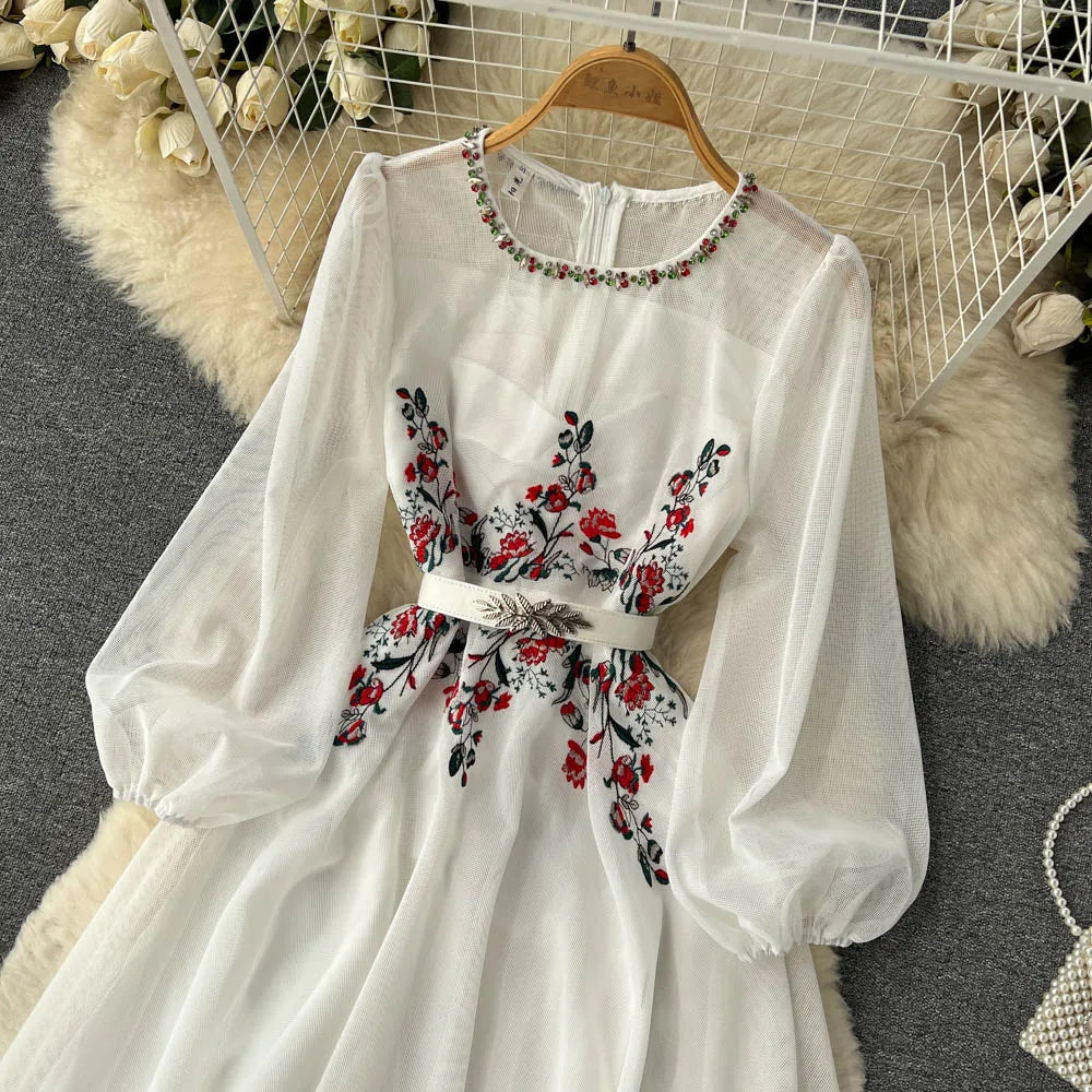 Autumn White/Beige Beading Embroidered Long Dress For Women Elegant O-Neck Puff Sleeve High Waist Elegant Party Robe New Fashion