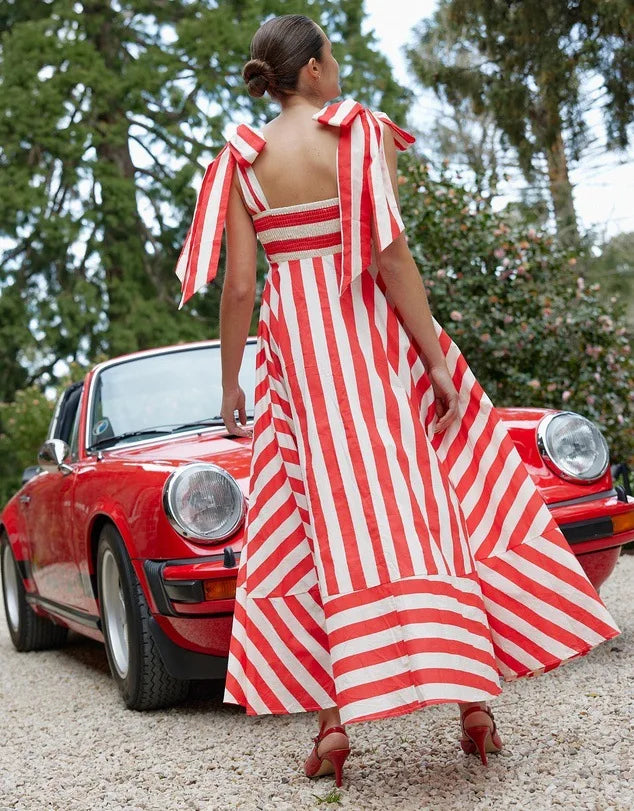 2024 Summer New Stripe Print Spaghetti Strap Dresses For Women Fashion Elegant Lady Bowknot Shoulder Strap Long Dress Vestidos