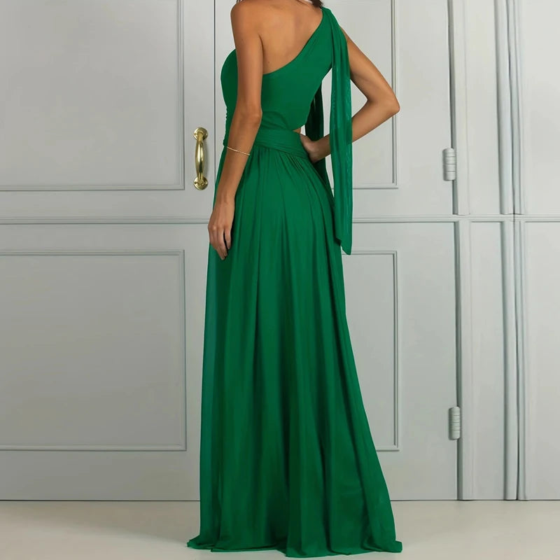 2025 Sexy Diagonal Neck High Waist Mesh Dress Fashion One Shoulder Sleeve Hollow Evening Dress Green Elegant Backless Long Dress