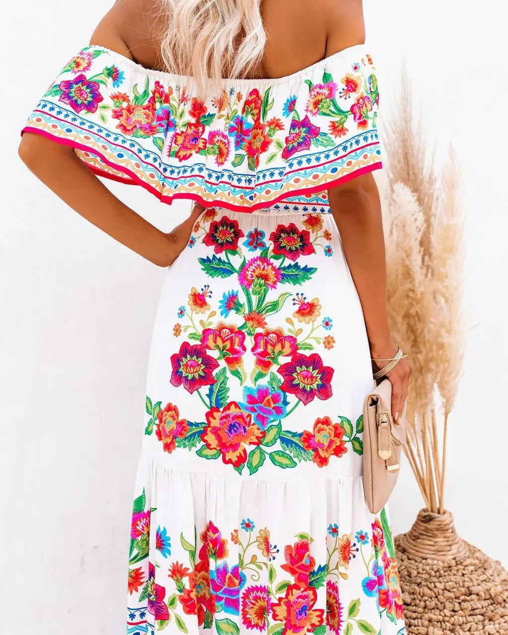 2024 Spring Summer New Independent Stand Amazon Off-shoulder Red Flower Printing Long Dress Oversized Wide Hemline Sleeveless