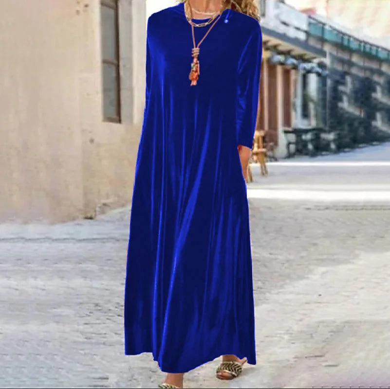 Spring and Summer New Gold Velvet European and American Slim Style Round Neck Long Dress