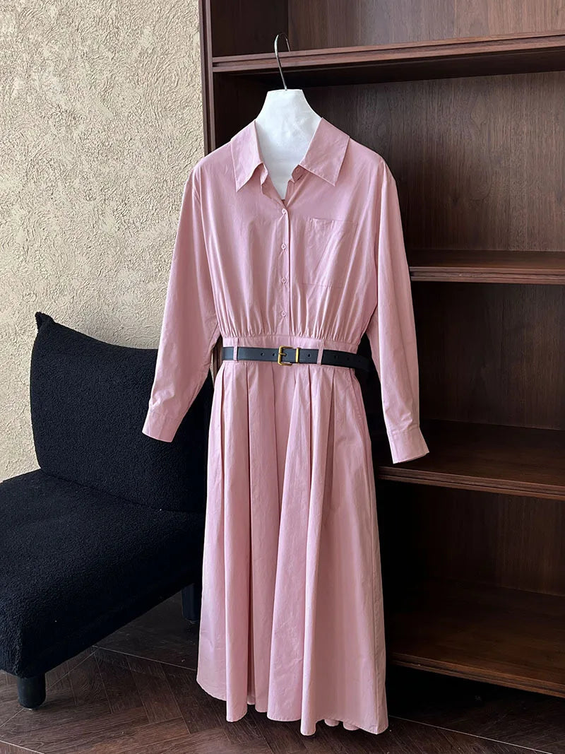 Polo‘s Collar Shirt Dress Women Spring Slimming Long Dress With A Cinched Waist Blue / Pink