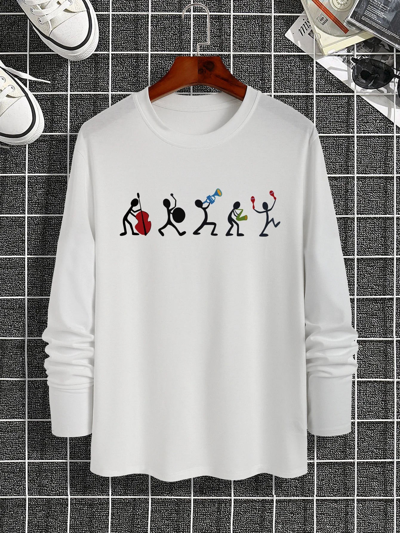 Trendy new long-sleeved t-shirt men's simple printed round neck T-shirt trend versatile casual tops men's T-shirt