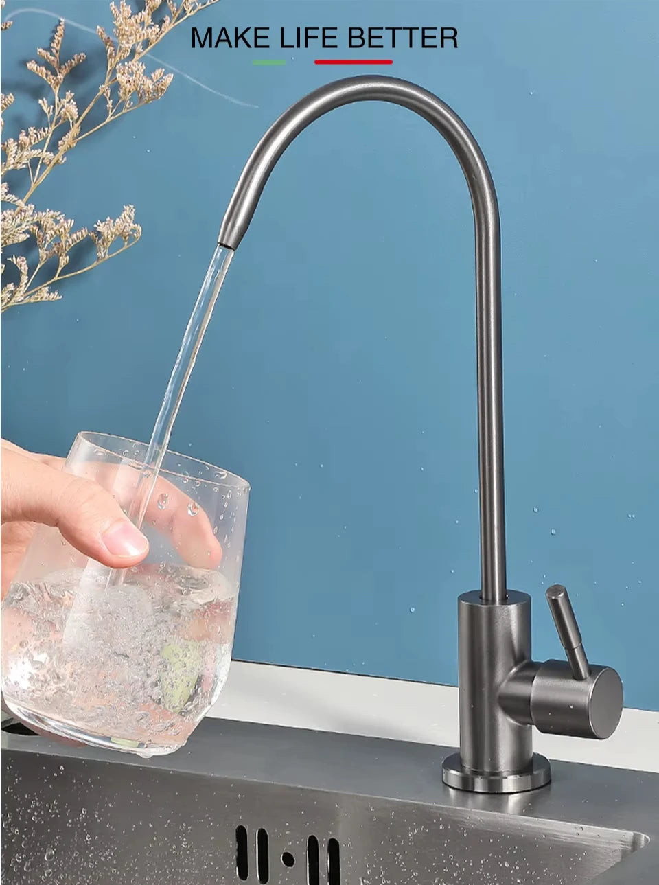 ULA 1/4"Kitchen Filtered Faucet Stainless Steel Direct Purifier Direct Drinking Tap Single Cold Water Sink Faucet Black/Brushed