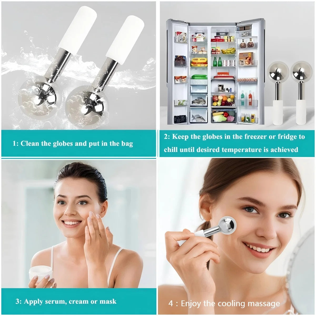 Mini 2pcs Ice Globes Stainless Steel Cryo Sticks for Face Eye Facial Cold Roller Cooling Globe for Puffiness Wrinkle Dark Circle