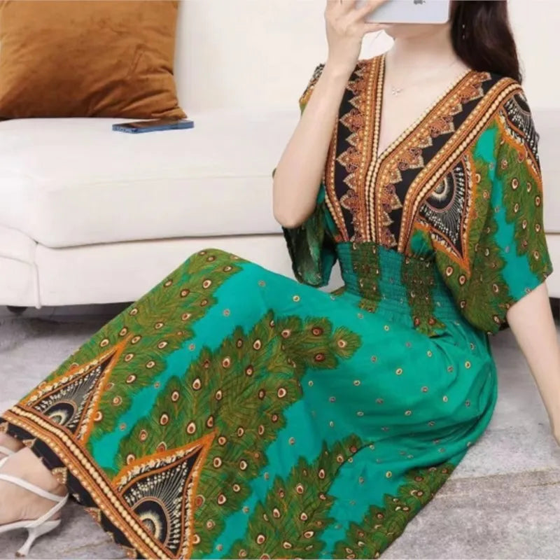 V-neck Large Skirt Hem Casual Sweet Holiday Long Dress Bat Sleeves Elastic Waist Bohemian Print Floral Elegant Dresse For Women