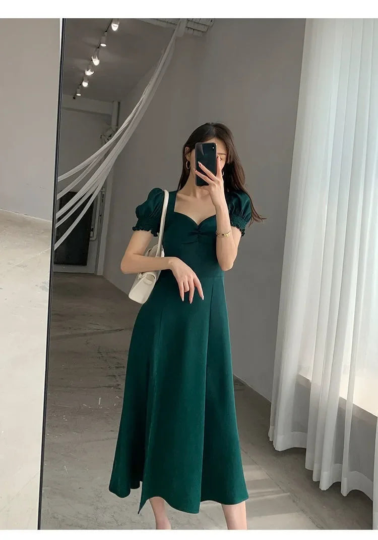Sweet Vintage French Style Women's Long Dress Summer Hot Sale Of The Season New Bubble Sleeve Square Collar A- Line Split Skirt