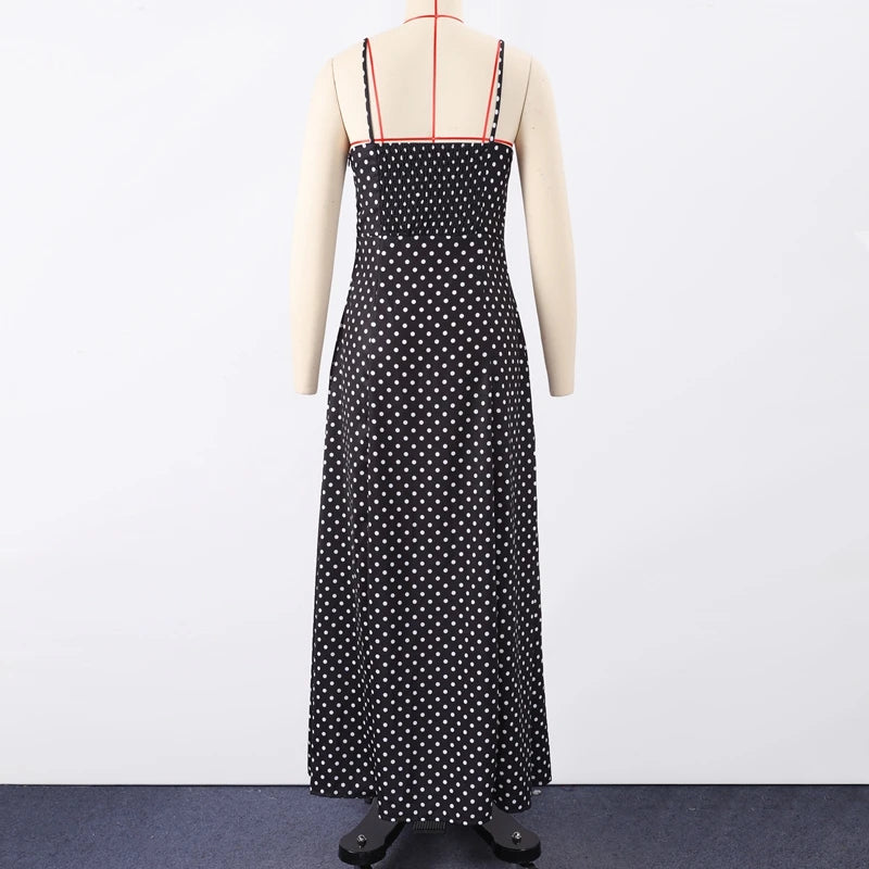 Dot Print Strapless Long Dress Women Retro V-neck Sleeveless Backless High Waist Dresses Female 2025 Spring New Lady Party Robes