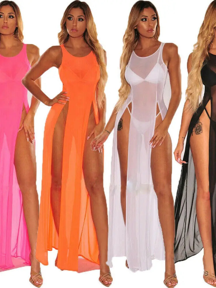 Lace O Mesh Neck Maxi Dress Mesh Lace Thin Transparent Sexy Women Slit Long Dress Elegant Women Fashion Sexy Women 7L7G